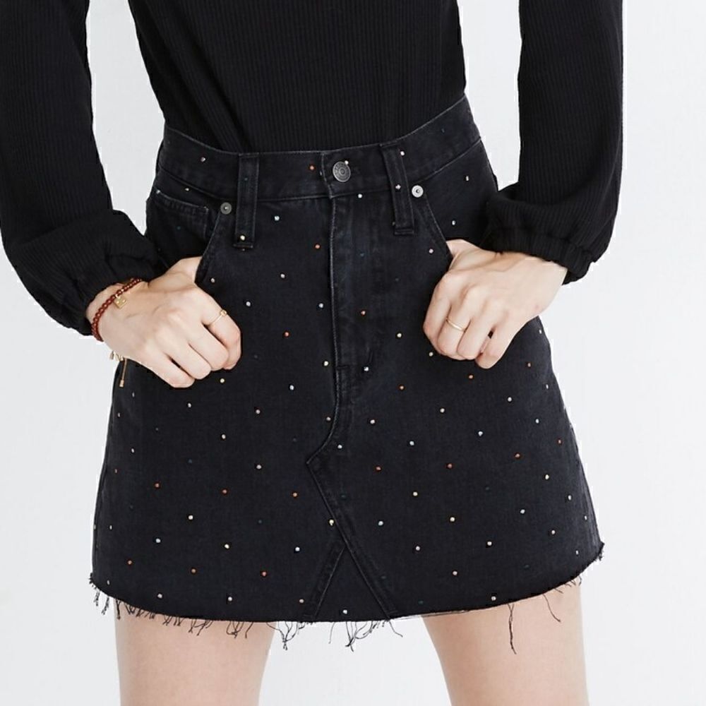 Madewell Rigid Denim A-Line Mini Skirt: Metallic Rainbow Dots Edition Size 27